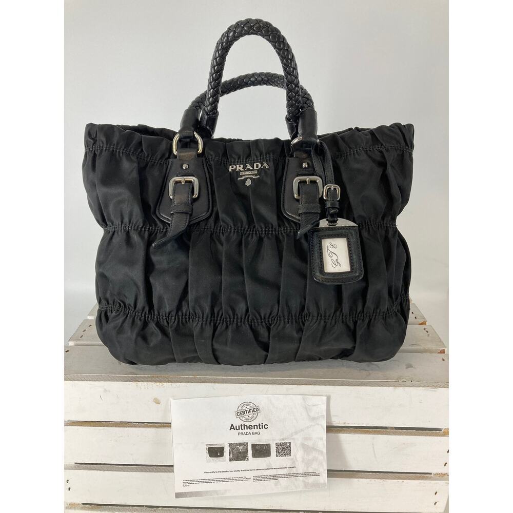 PRADA LARGE BLACK NYLON HANDBAG WITH BRAIDED LEATHER HANDLES